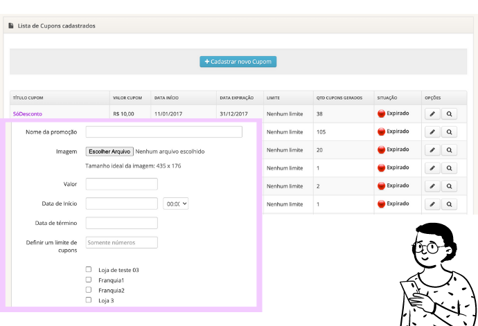 Diversas opções do sistema de cupons